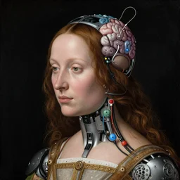 a portrait of cyborg princess connected to a brain-machine interface by Jan van Eyck, renaissance style