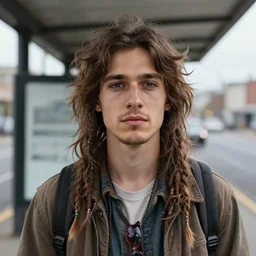 young hippy portrait on bus station masterpiece by jim burns cheng hsiao - ron detailed ultrarealistic