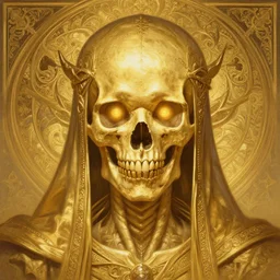 symmetry!! portrait of golden! skull warrior, glowing eyes!! intricate, elegant, highly detailed, digital painting, artstation, concept art, smooth, sharp focus, illustration, art by artgerm and greg rutkowski and alphonse mucha