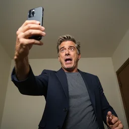 jeff goldblum accidentally takes a selfie while dropping his phone, panic, front - facing lens, low angle, wide angle