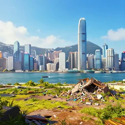 fallout hong kong causeway bay destroyed concept art, vibrant colors, 8 k photorealistic, hd, high details, trending on artstation