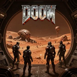 a view from inside an alien base on Mars, Doom level, from the game Doom, by alan lee and peter mohrbacher and frank frazetta and mike mignola