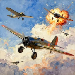 Concept art of random World War I plane fights, blue sky with beautiful cluds and explosions, boixcar style, matte painting, vaporwave vaporwave vaporwave watercolor cover art with warm and vibrant colors, volumetric light, oil on canvas art by Donato Giancola, award-winning masterpiece with incredible and beautiful details digital art, trending on artstation, smooth, 4K