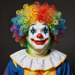 Clown Frog King, clown world, clown makeup and rainbow wig, portrait by Frank Frazetta