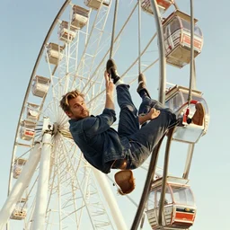 ryan gosling hanging from a ferris wheel looking into the camera