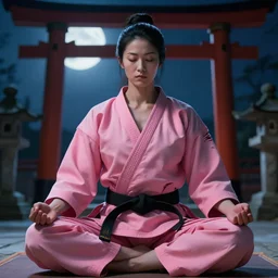 cinematic long shot of a muscled japanese female martial artist peacefully meditating in a moonlit shrine, wearing pink karate gi with the sleeves torn off, digital art by Greg Hildebrandt and Artgerm and Ross Tran, highly detailed