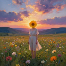 girl with a flower head, surreal photography, bizzare, dreamlike, standing in flower field, in a valley, sunrise dramatic light, impressionistic painting, colorful clouds, artstation, simon stalenhag