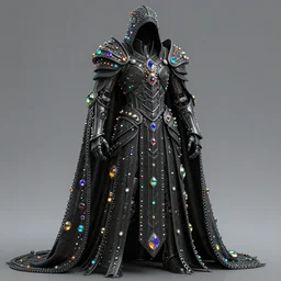 dark chainmail biomechanical armor cloak dotted with glowing multicoloured gems and iridescent crystals, realistic render artwork, detailed, stealth coating, technology, intricate linework, clear focus, ornate, powerful royal assassin, glimmering magical colors, unreal engine, octane render, trending, galactic, wlop, rutkowski, chebokha, shinkai