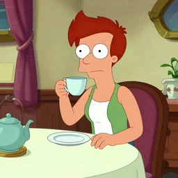 a girl sitting on a dinner having tea, futurama style