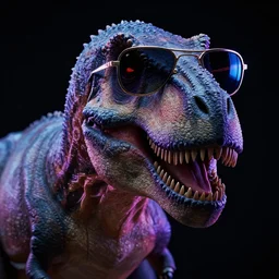 still of a photorealistic concept art of a close up of a real T-Rex wearing sunglasses, black background, in the movie Blade Runner 2049, HD, neon lit, highly detailed, no text