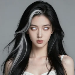 a lost female mage, sci - fi fantasy dress, white eyes, long wild black and white hair, detailed perfect face, psychic magic, mid view, design on a white background, by studio muti, greg rutkowski makoto shinkai takashi takeuchi studio ghibli