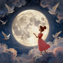 matte painting of a moon man, surrounded by clouds, birds eye view, highly detailed, disney, style of maxfield parrish, in the style of lady and the tramp