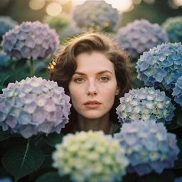 An vintage analog head and shoulder frontal face portrait photography of a woman surrounded by multiple oversized!! Hydrangea by Marta Bevacqua. Vogue. Kodak Portra 800 film. (Depth of field). whirl bokeh!!. Golden hour. detailed. hq. realistic. warm light. muted colors. Moody. Filmic. Dreamy. lens flare. Mamiya 7ii, f/1.2, symmetrical balance, in-frame