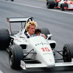 “an award winning analog photograph of a tall blond man and a dark haired man driving in an old timer race car, formula one.”