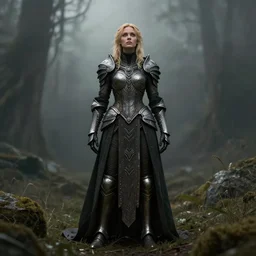 female knight in the wild nature, dressed, blonde hair, symmetry, sci - fi, dark fantasy light, perfect composition, 4 k, ultra hd, sense of awe, highly detailed, realistic, intricate, created by wayne barlowe