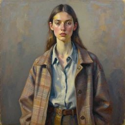 portrait in daring femininity, ethnic, realistic face sculpted features, thin and statuesque model, street outfit with layered shirts, plaid, jacket with buckles, warm glow, bathed in light, chiaroscuro, specular highlights, angular impressionism, patina, natural color scheme, arctic tones, modern fashion, contemporary art, oil on canvas