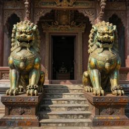 beautiful painting of a temple, stone steps, giant symmetrical brass lions, entrance, paper texture, detailed, ornate, rust, metal rivets