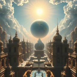 a futuristic heavenly city with temples with a giant sphere and bright sun rays symmetric 8 k highly detailed hyperornate oil painting by marc simonetti and caspar david friedrich, trending on artstation