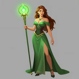 a woman in a green dress standing holding a magic staff, a character portrait by Magali Villeneuve, featured on polycount, fantasy art, concept art, d&d, 2d game art