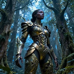 hyperrealistic expressive! black woman with detailed exoskeleton armor, becoming tree in a forest, digital art masterpiece hannah yata brad kunkle dramatic blue light low angle hd 8k sharp focus