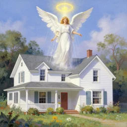 the angel of love and prosperity, showering it's great energy over a 1 9 6 0's white farm house, in the style of thomas kinkade