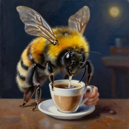 tired nightshift bumblebee sips a coffee, highly detailed, masterpiece, oil on canvas