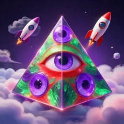 symmetrical psychedelic pyramid eye purple green red cloud rocket ship, volumetric lighting, ray tracing, colorful, unreal engine