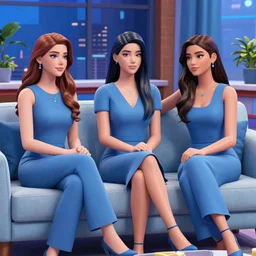 evening tv show studio with sofa stunning women drawn in style of sims blue, hyper realistic, art by mike winkelmann
