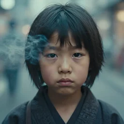realistic photography of a underdrug japanese yakuza woman 3 5 years old with a bit of bear, short hair, few wrinkles around eyes, cinematographic, street photography in tokyo, cinematic light, close up view, grainy image, intense, smoke and fog around, filth and grim, 5 0 mm lens