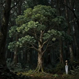 hyperdetailed pallet knife landscape of an isolated tree in a dark forest. by greg rutkowski, highly detailed, digital painting, artstation, smooth, sharp focus illustration, artstation hq. intricate, elegant, 8 k, unreal engine. art by wlop and artgerm and ayami kojima. dan mumford, tomokazu matsuyama, takato yamamoto