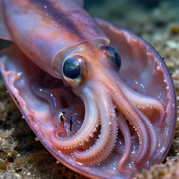 a perfect portrait of a cross section of a squid with tiny humans burrowing wormlike through its juicy interior. macro extreme, eye popping wet colours.