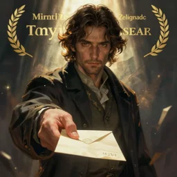 Medium shot of a mysterious man handing over a letter, digital illustration, Matt Zeilinger