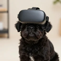 a 4 k photorealistic photo of a black shih - tzu puppy wearing a vr headset on her head