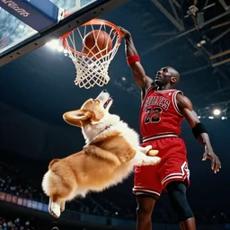film still of a corgi in a jersey dunking a basketball like michael jordan, low angle, show from below, tilted frame, 3 5 °, dutch angle, extreme long shot, high detail, indoors, dramatic backlighting.