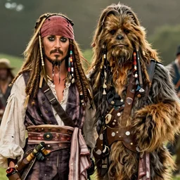 A high quality movie still from the film Pirates of the Caribbean, starring Chewbacca as Jack Sparrow, alongside Keira Knightly