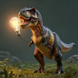a t - rex holding a light bulb
