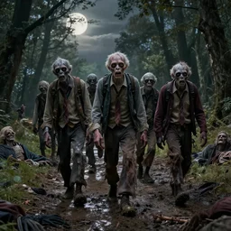 old zombie hord walking together on a muddy track surrounded by woodland, with corpses around, in half moon light, high resolution detailed realistic cinematic matte painting by raphael lacoste, andreas rocha, john harris, and david hocknet