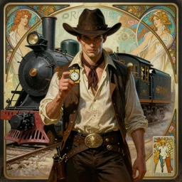 a dramatic ethereal epic symmetrical painting of a handsome villainous cowboy standing in front of a steam locomotive | his shirt is unbuttoned and he has a pocketwatch | tarot card, art deco, art nouveau, ( steampunk ), homoerotic, realistic | by louis comfort tiffany and alphonse mucha | trending on artstation
