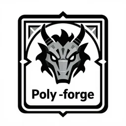high quality simplified logo of a medieval blacksmith forge shaped like a dragon head looking at viewer, for a company called poly - forge, symmetrical!!!, award winning, rectangular!!!!!!, hearthstone, wotc, art deco!!!!!!