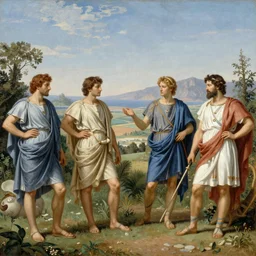 an awe - inspiring raphael lacoste and noah bradley landscape painting of the elite of greek society consulting the oracle of delphi about the fate of humanity at the temple of olympian zeus, a collective mystical and revelatory experience