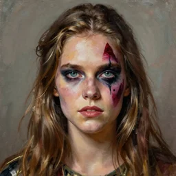 portrait of a young 1 9 8 0 s shelley duvall as a threatening evil warlord character ( ( ( ( with facepaint ) ) ) ) in mad max 2 : the road warrior, film still, detailed realism face in painting, detailed beautiful portrait, oil painting masterpiece, 8 k resolution, smooth, sharp focus, trending on artstation, by rembrandt