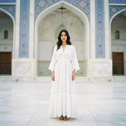 a full body portrait of a woman wearing an billowing doily dress, face in the style of irakli nadar, inside a white iranian marble temple, soft lighting, film photography