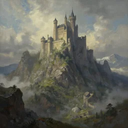 a painting of a mountain with a castle on top of it, a detailed matte painting by William Didier-Pouget, cgsociety, fantasy art, matte painting, apocalypse landscape, unreal engine 5