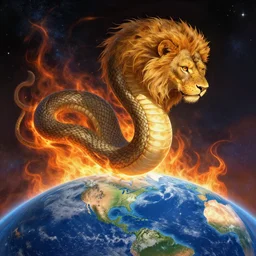 the demiurge, a giant snake with the head of a lion, floating in space looking down on the earth beneath it, in flames. detailed digital art