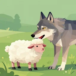 a vector low poly line art, wolf biting a cute sheep, by mariusz trubisz, glow colors