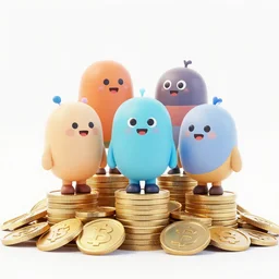 group of cartoon characters standing on top of a pile of coins, a screenshot by craola, polycount, toyism, 2 d game art, polycount, rendered in maya