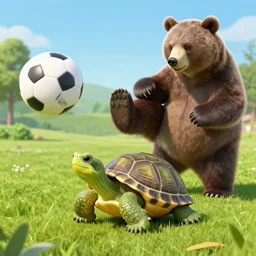 a turtle sitting on a football gets kicked by a bear.