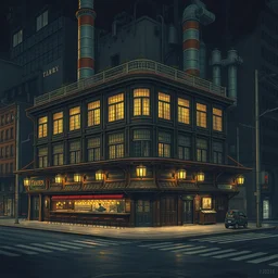 a beautiful very detailed highly detailed industrial architecture tavern by caspar david friedrich, tokyo at night, archdaily, wallpaper, highly detailed, trending on artstation.
