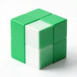 A cube divided into two equal-sized sections, one colored in green and one in white