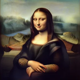 a portrait of a woman painted in italian chiaroscuro renaissance style 1 4 8 0 year. the woman in the painting is shown seated with her hands folded in her lap. she is wearing a simple dress with a pattern of flowers. her hair is pulled back from her face and she has a small, faint smile. she has dark long slightly curly hair. the background of the painting is a landscape of rolling hills and mountains. the sky is a light blue, and there are small clouds in the distance.